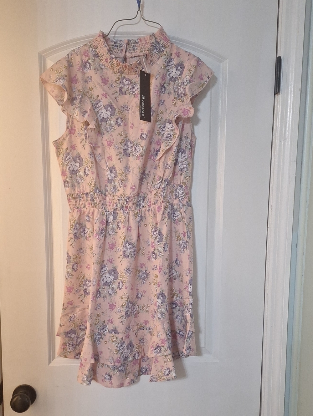 Allegra K Pink Floral Ruffle Neck Casual Dress